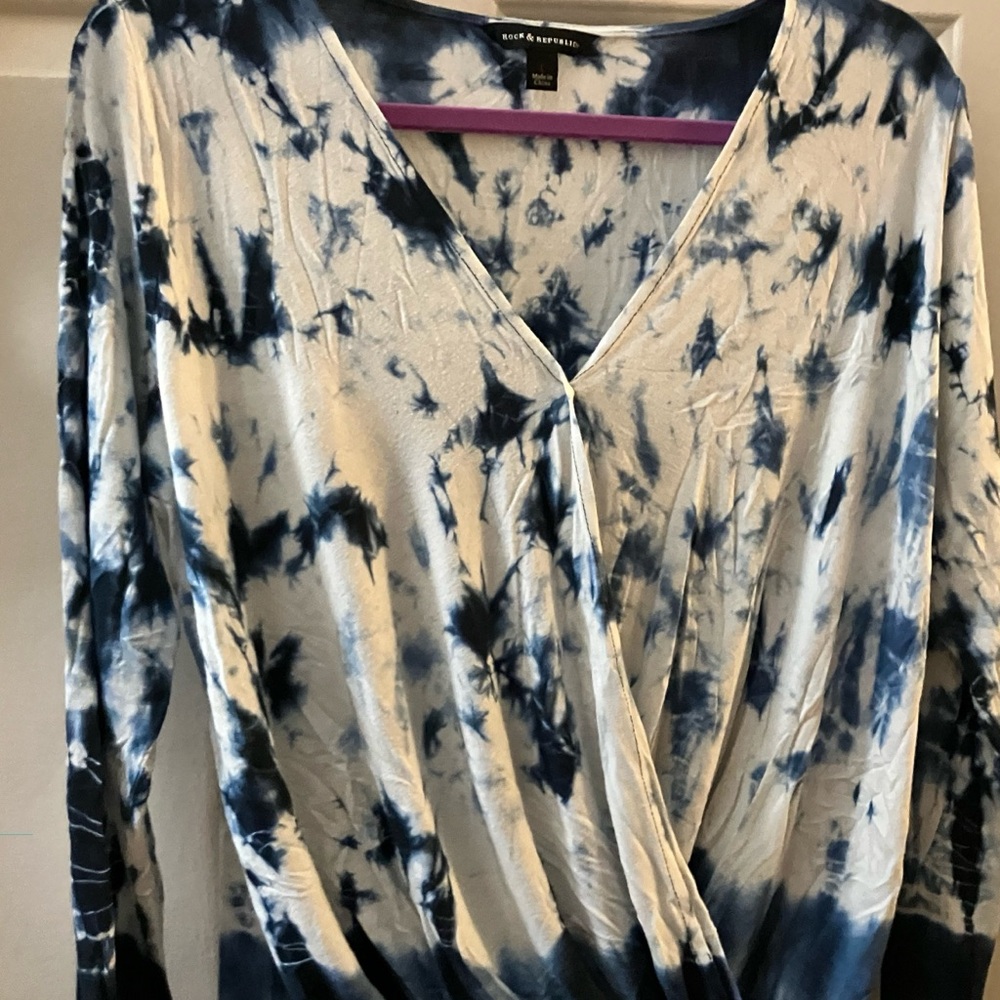 Rock & Republic Cream and Blue Wrap Blouse